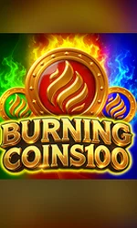 Burning Coins 100 game logo featuring three flaming gold coins with green, red, and blue fire on a dark background